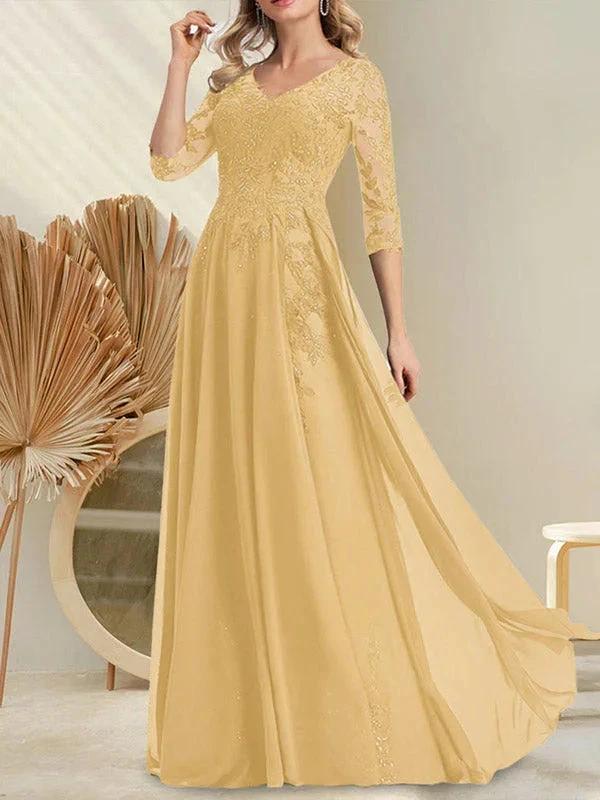 A-line V-Neck Floor-Length Lace Chiffon Mother of the Bride Dress With Sequins by Dreamylily