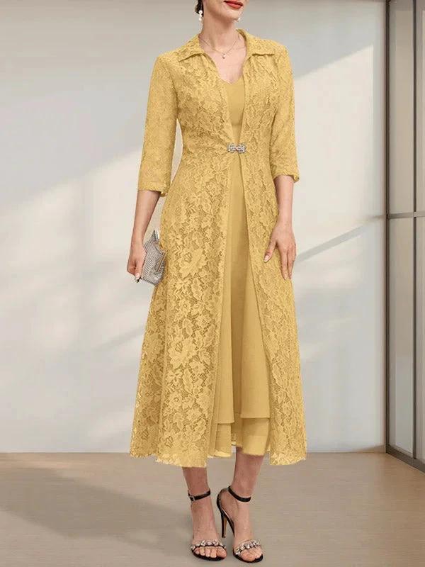 A-line V-Neck Tea-Length Chiffon Mother of the Bride Dress by Dreamylily