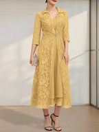 A-line V-Neck Tea-Length Chiffon Mother of the Bride Dress by Dreamylily