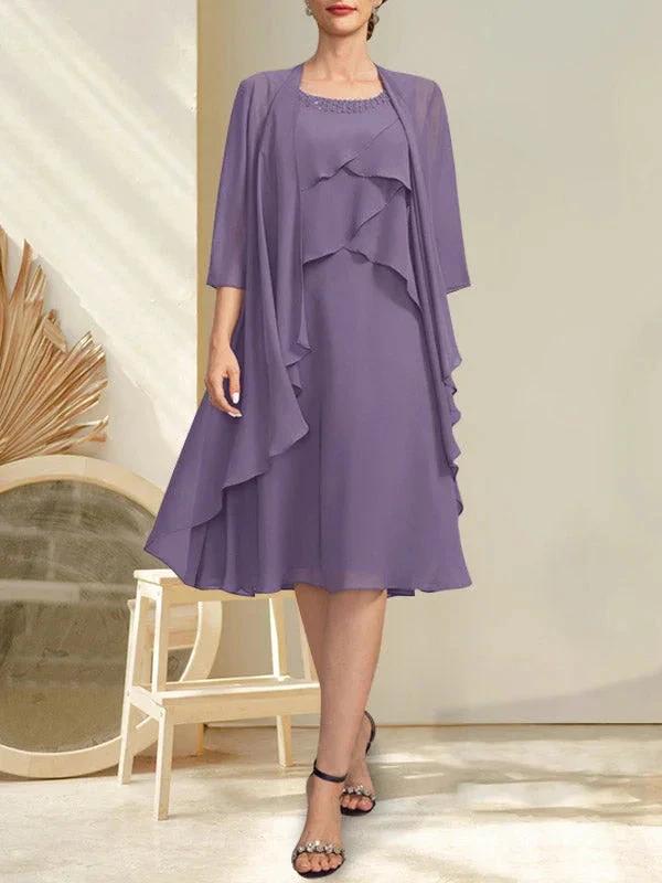 A-line Scoop Knee-Length Chiffon Mother of the Bride Dress With Beading by Dreamylily