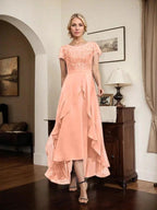 A-line Scoop Illusion Asymmetrical Chiffon Lace Mother of the Bride Dress With Bow Ruffle Sequins by Dreamylily