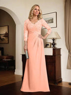Sheath/Column V-Neck Illusion Floor-Length Lace Chiffon Mother of the Bride Dress With Pleated Sequins by Dreamylily