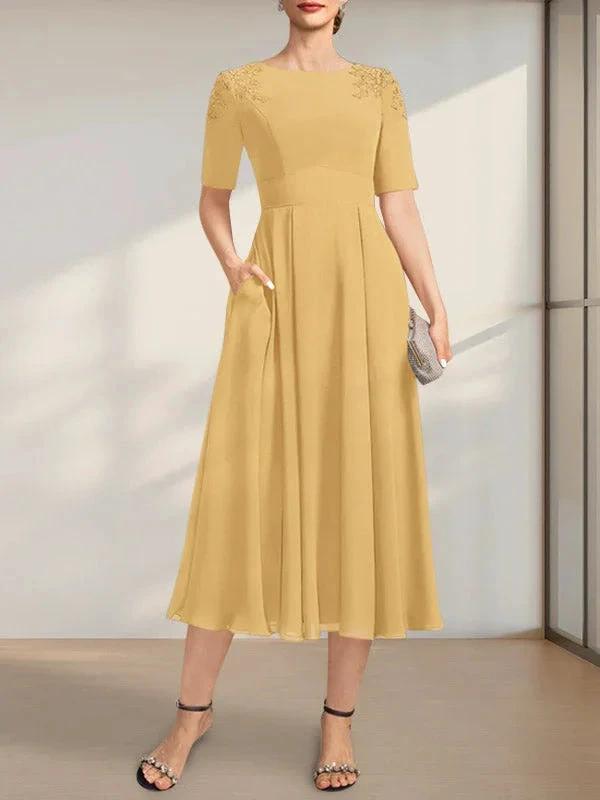 A-line Scoop Tea-Length Chiffon Mother of the Bride Dress With Appliques Lace Sequins by Dreamylily