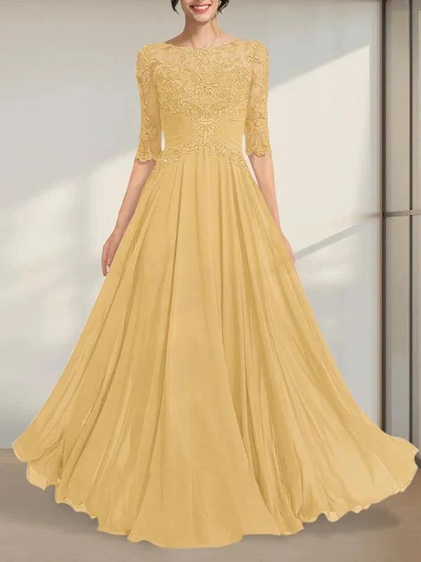 A-line Scoop Illusion Floor-Length Chiffon Lace Mother of the Bride Dress With Pleated Sequins by Dreamylily