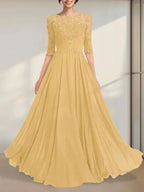 A-line Scoop Illusion Floor-Length Chiffon Lace Mother of the Bride Dress With Pleated Sequins by Dreamylily