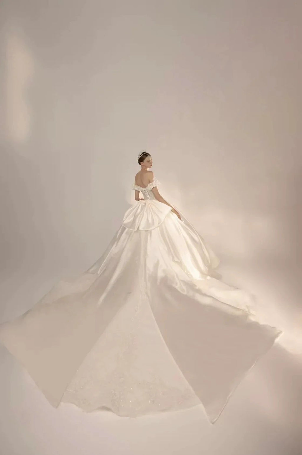Opulent Ball Gown Off-the-Shoulder Satin Wedding Dress with Sequin Embroidery & Dramatic Train Q6018 by ZAPDRESS