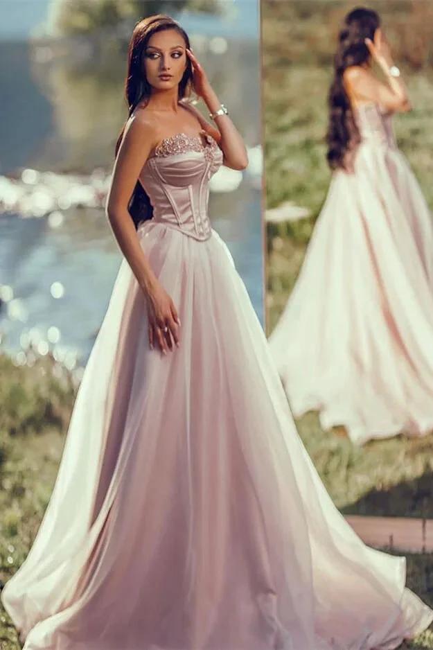 Strapless A-line Long Prom Dress with Tulle Applique and Pleats by BIZTUNNEL