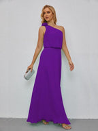 Ruffled One Shoulder Sleeveless Long Bridesmaid Dresses A-line Formal Evening Gown Side Split 28080 by numbersea
