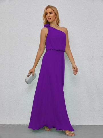 Ruffled One Shoulder Sleeveless Long Bridesmaid Dresses A-line Formal Evening Gown Side Split 28080