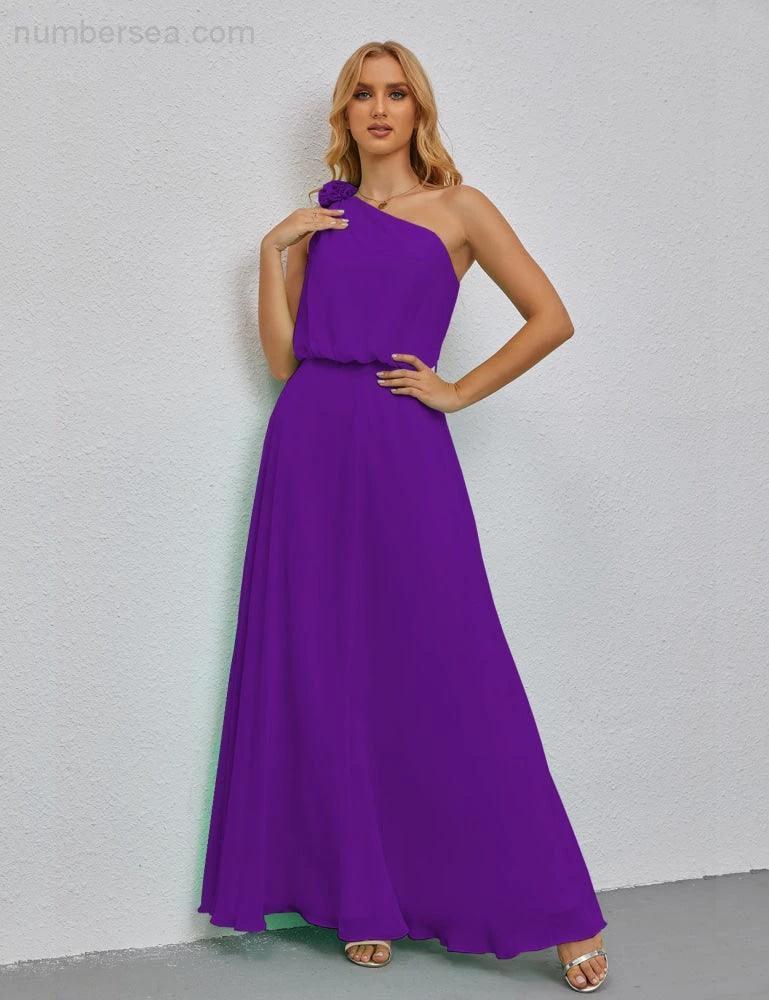 Ruffled One Shoulder Sleeveless Long Bridesmaid Dresses A-line Formal Evening Gown Side Split 28080 by numbersea