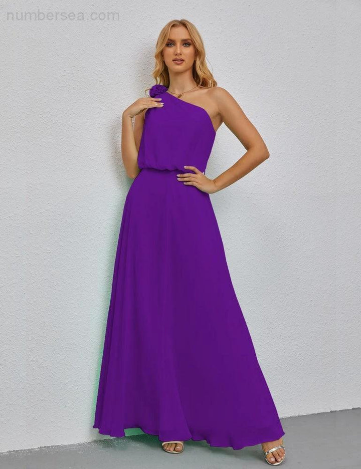 Ruffled One Shoulder Sleeveless Long Bridesmaid Dresses A-line Formal Evening Gown Side Split 28080 by numbersea