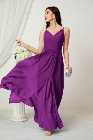 Numbersea Chiffon V-Neck Bridesmaid Dress Spaghetti Strap Long Formal Party Prom Gowns with Slit 28010