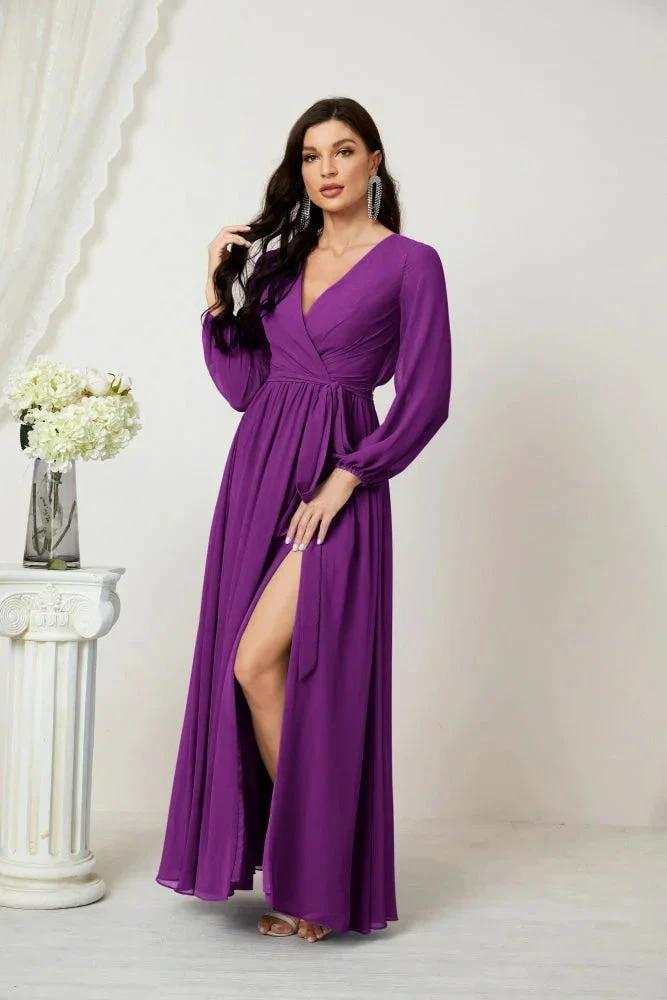Sunnderly Evening Dresses Deep V-Neck Chiffon Bridesmaid Dresses Long Bishop Sleeve Side Split Formal Dress SY2806 by numbersea
