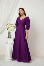 Numbersea Formal Prom Gown Women V-Neck Chiffon Bridesmaid Dresses Long Bishop Sleeve Party Dress 2807 by numbersea