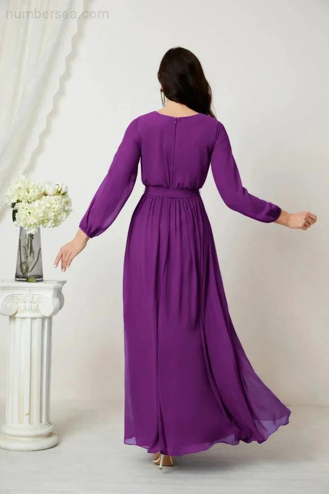 Sunnderly Evening Dresses Deep V-Neck Chiffon Bridesmaid Dresses Long Bishop Sleeve Side Split Formal Dress SY2806 by numbersea