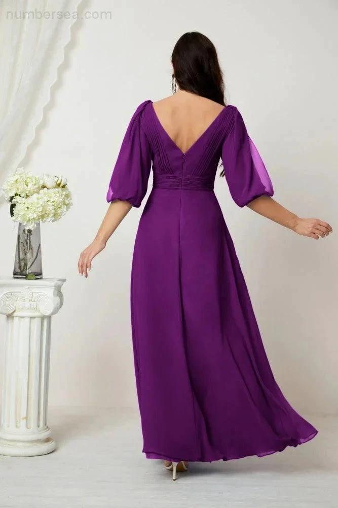 Numbersea Formal Prom Gown Women V-Neck Chiffon Bridesmaid Dresses Long Bishop Sleeve Party Dress 2807 by numbersea