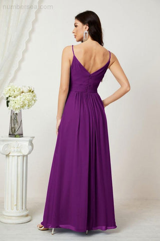 Numbersea Chiffon V-Neck Bridesmaid Dress Spaghetti Strap Long Formal Party Prom Gowns with Slit 28010