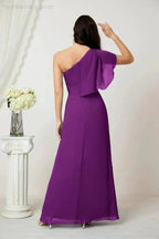 Numbersea Chiffon Ruffled One Shoulder Long Bridesmaid Dresses A-line Formal Evening Gown Side Split 2809 by numbersea