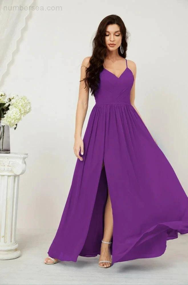 Numbersea Neck Bridesmaid Dresses Chiffon Long Spaghetti A-line Formal Prom Gown for Wedding Party Evening 2801 by numbersea