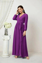 Sunnderly Evening Dresses Deep V-Neck Chiffon Bridesmaid Dresses Long Bishop Sleeve Side Split Formal Dress SY2806 by numbersea
