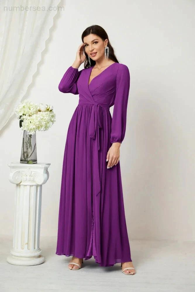 Sunnderly Evening Dresses Deep V-Neck Chiffon Bridesmaid Dresses Long Bishop Sleeve Side Split Formal Dress SY2806 by numbersea
