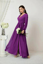 Sunnderly Evening Dresses Deep V-Neck Chiffon Bridesmaid Dresses Long Bishop Sleeve Side Split Formal Dress SY2806 by numbersea