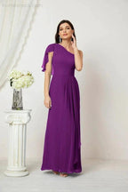 Numbersea Chiffon Ruffled One Shoulder Long Bridesmaid Dresses A-line Formal Evening Gown Side Split 2809 by numbersea