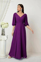 Numbersea Formal Prom Gown Women V-Neck Chiffon Bridesmaid Dresses Long Bishop Sleeve Party Dress 2807 by numbersea