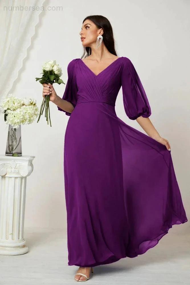 Numbersea Formal Prom Gown Women V-Neck Chiffon Bridesmaid Dresses Long Bishop Sleeve Party Dress 2807 by numbersea