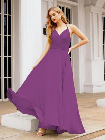 Numbersea Halter Chiffon Bridesmaid Dresses Wedding Appare Sleeveless Formal Prom Dress with Ruffled Back 28035