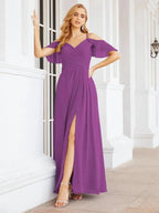 Numbersea Cold Shoulder Long Bridesmaid Dresses Side Slit Formal Prom Gowns Party Wedding 28070 by numbersea
