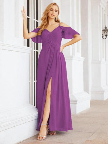 Numbersea Cold Shoulder Long Bridesmaid Dresses Side Slit Formal Prom Gowns Party Wedding 28070