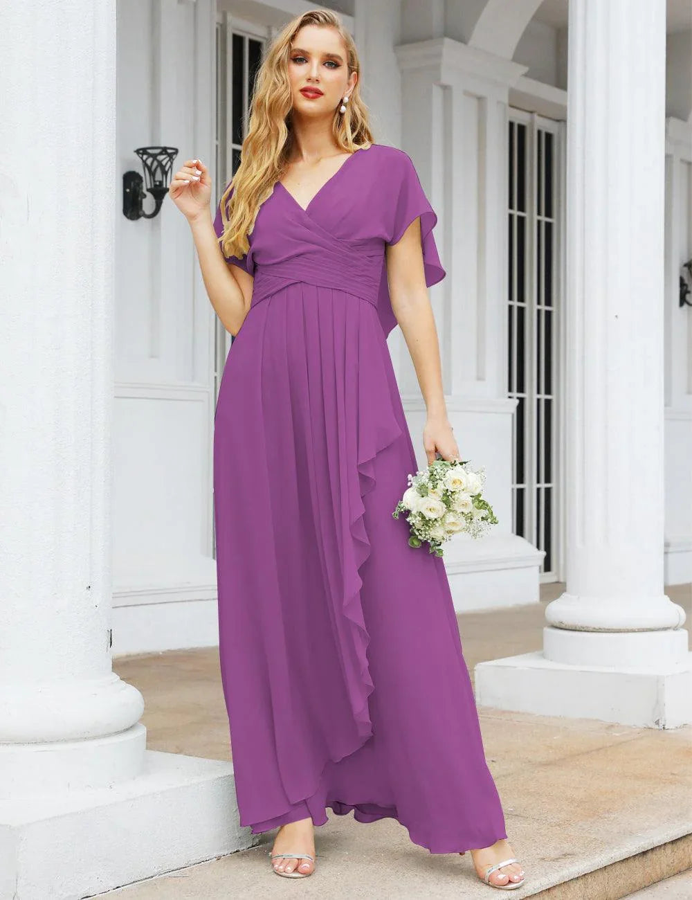 Numbersea Chiffon Bridesmaid Dresses Long Formal Evening Prom Mother of The Bride Dress with Flutter Sleeve     SEA28040