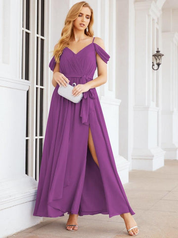 Numbersea Off The Shoulder Chiffon Bridesmaid Dress Long Formal Graduation Gown with Cowl Back 28069