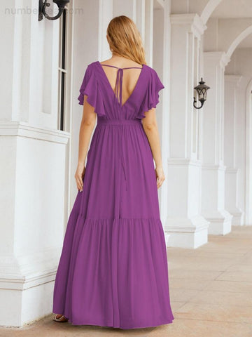 Numbersea Women's Open Back Formal Evening Party Prom Gowns V-Neck Long Chiffon Bridesmaid Dresses with Waist Belt 28038