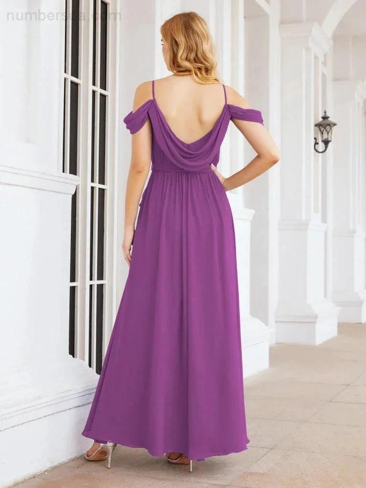 Numbersea Off The Shoulder Chiffon Bridesmaid Dress Long Formal Graduation Gown with Cowl Back 28069 by numbersea
