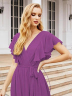 Numbersea Women's Open Back Formal Evening Party Prom Gowns V-Neck Long Chiffon Bridesmaid Dresses with Waist Belt 28038 by numbersea