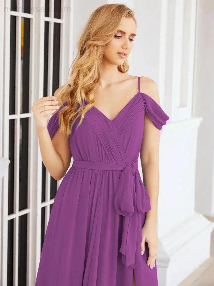 Numbersea Off The Shoulder Chiffon Bridesmaid Dress Long Formal Graduation Gown with Cowl Back 28069 by numbersea