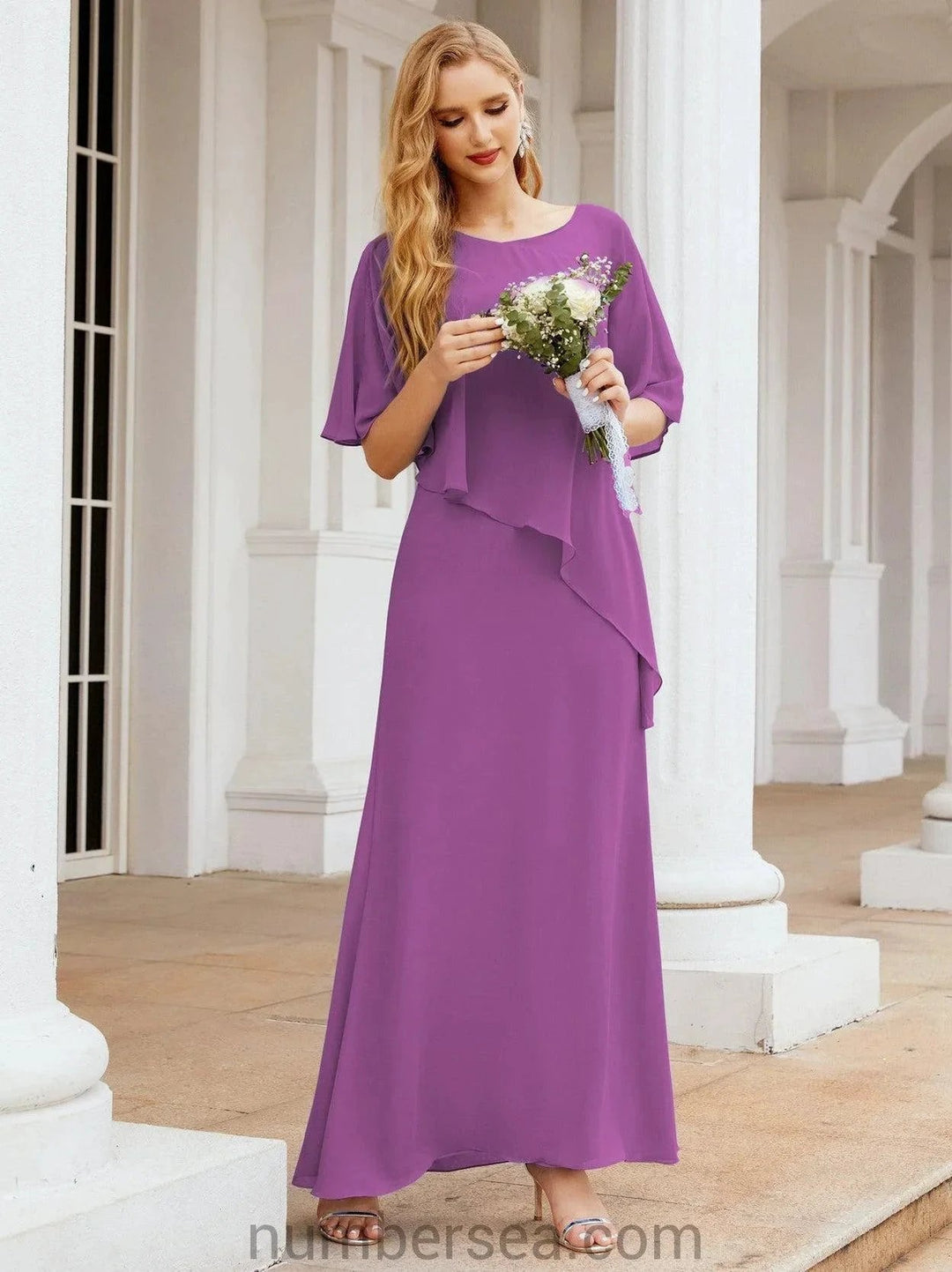 Sunnderly Formal Party Gown Dress Long Mother of The Bride Dresses with Ruffle Cape SY28026 by numbersea