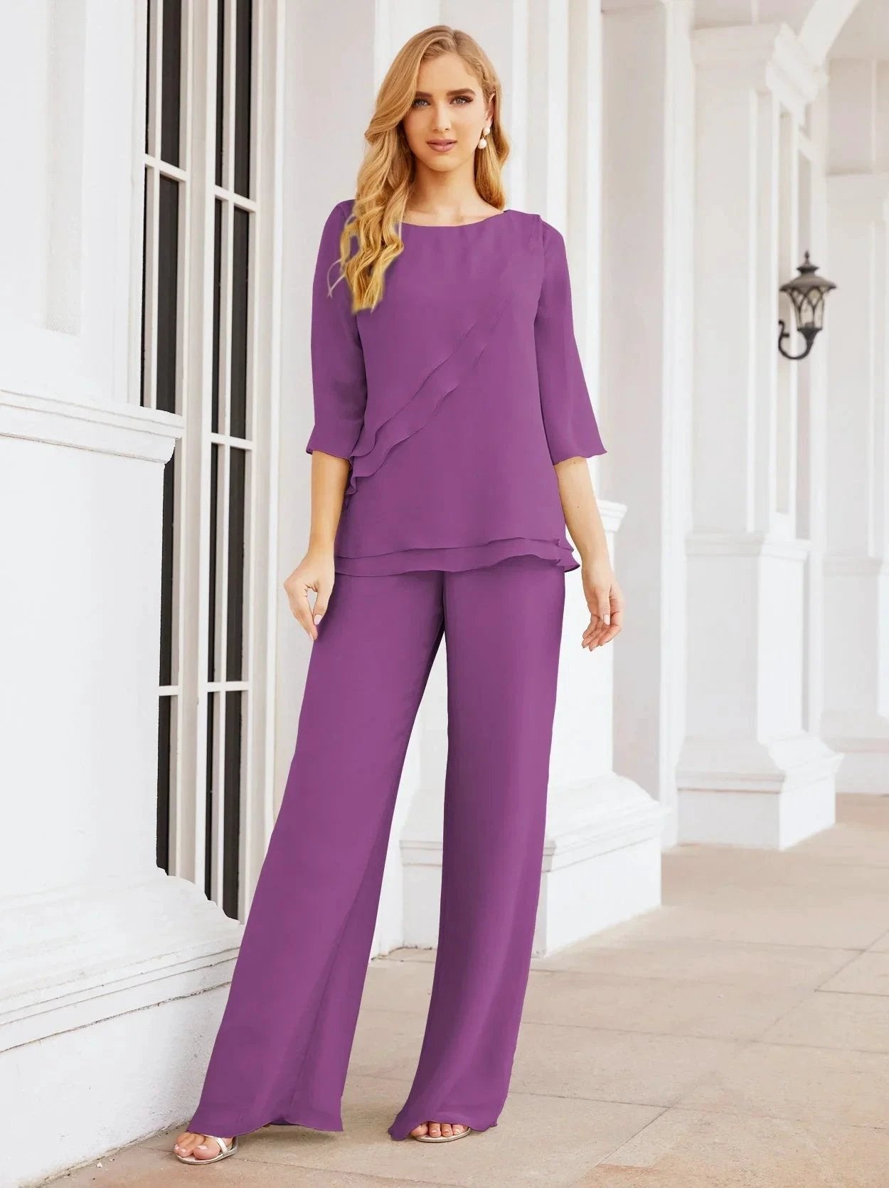 Sunnderly Elegant 2 Piece Mother of The Bride Dress Plus Size Pant Suits Ruffle Layers Sliver Housecoat SY28064 by numbersea