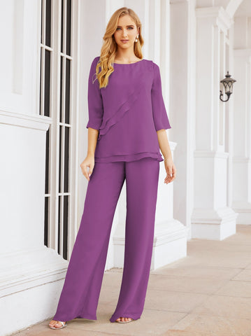 Sunnderly Elegant 2 Piece Mother of The Bride Dress Plus Size Pant Suits Ruffle Layers Sliver Housecoat SY28064