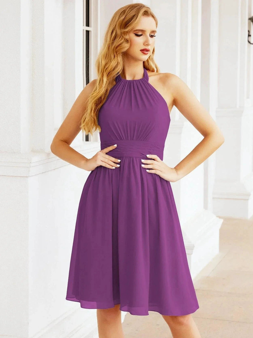 Numbersea Halter Chiffon Bridesmaid Dresses Short Sleeveless Formal Party Dress Open Back 28023 by numbersea