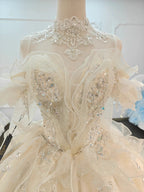 Exquisite High-Neck Tulle Ball Gown Wedding Dress with Crystal Embroidery & Ruffled Detachable Sleeves Ye-2022 by ZAPDRESS