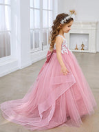 Princess Sleeveless Tulle Flower Girl Dress with Lace and Bow Pink (010224320) - photo 4