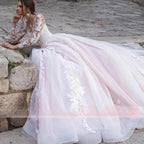 Luxury Pink Long Sleeves Wedding Dress Ball Gown Lace Appliques O-Neck Button Royal Train Bride Gowns Vestido De Novia Princess by payinti