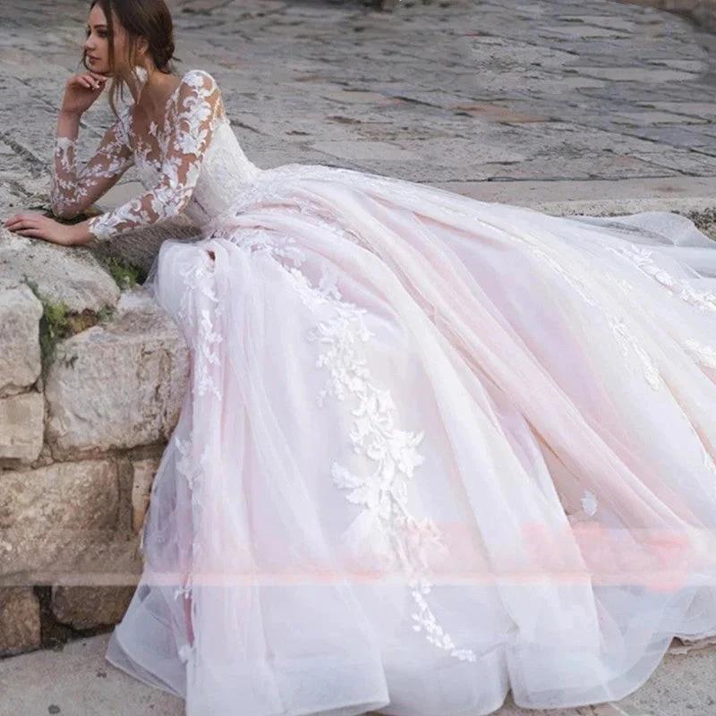 Luxury Pink Long Sleeves Wedding Dress Ball Gown Lace Appliques O-Neck Button Royal Train Bride Gowns Vestido De Novia Princess by payinti