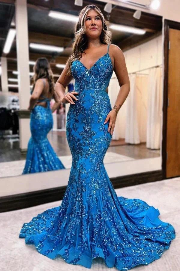 Blue Sequins Applique Prom Dress Mermaid Sleeveless Spaghetti Straps by BIZTUNNEL