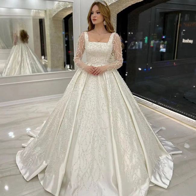 Luxury Wedding Dress Embroidered Lace Beading With Princess Ball Gown Square Collar Fullsleeve Bride Button Vestido De Novia Hover Image