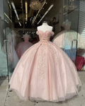Pink Off Shoulder Lace Appliques Ball Gown Sweet 16 Dress Y2735 by simplepromdress