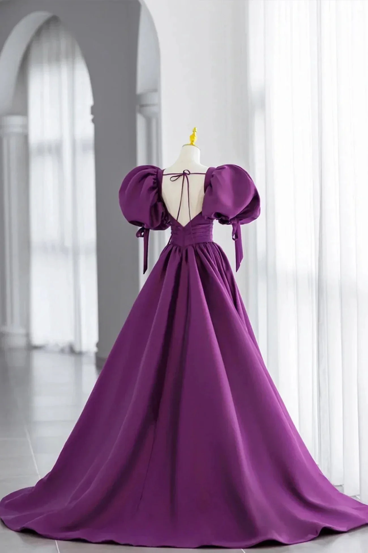 Purple Puff Sleeves Satin Long Prom Dress V-Neck Evening Dress Y856 by simplepromdress